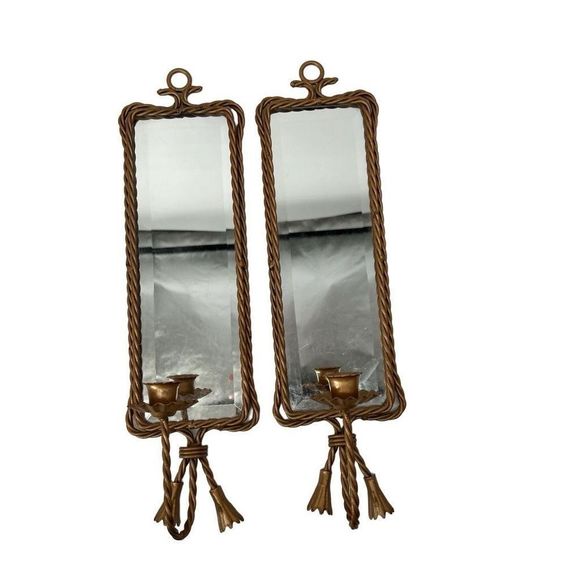 Vintage Other - Midcentury Candle Sconce French Gold Twisted Metal Rope Tassel Mirrored Wall Dec